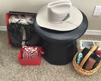 Coach Purse with Dust bag and box, Bailey Western Style Hat size 6-7/8, Small red evening purse, Eye glass cases and frames.