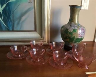 Cloisonne vase and Pink Depression Glass cup, saucer, cream and sugar set.