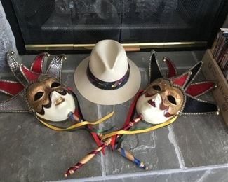 Italian, Venetian Full Face Jester/Masquerade/Theater masks with handle. Straw Panama Hat. (both masks sold.)