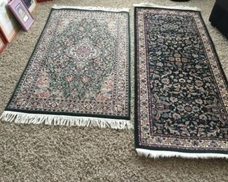 2 Wool Area Rugs - Pakistan Kashan. Size (2-9 x 6-4 and 3-1 x 5-2). Green Ivory mix. Purchased from Pande Cameron.