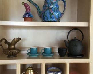 Artful Teapot, Copper Picture, 2 Tea Cup and Saucer sets, Japanese Iron Teapot and Iron cups, Copper Vessel, Ceramic Bowl.