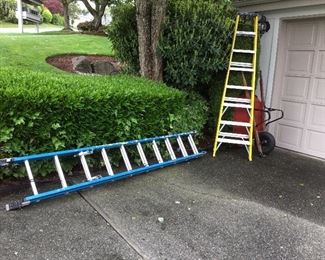 20 ft Extension Ladder (Werner) and 6 ft Fiberglass Ladder (Keller). Selling the pair for $60 today, Sunday. Wheel barrel is sold.