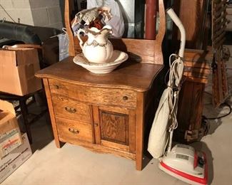 Oak dressing table with mirror and with bowl and pitcher; more vacuum cleaners