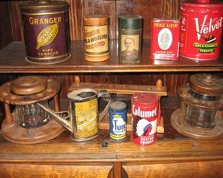 Vintage Cans & Wooden Pipe Holders