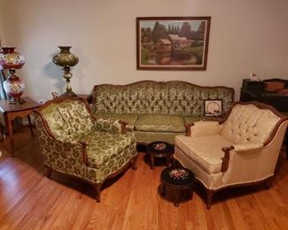 French Provencial Sofa--2 chairs
2 Needlepoint Stools