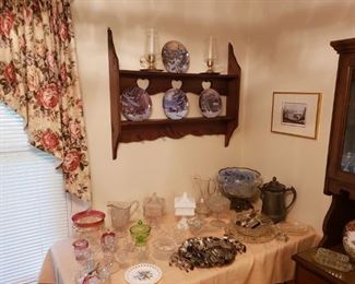 Plate rack. Collectors plates
Antique Water Tankard
Glass. And more