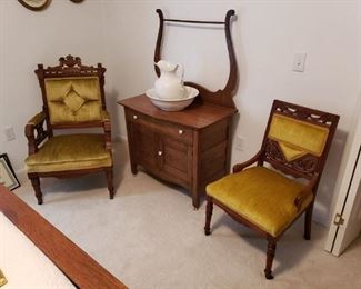 Antique oak washstand
2 Victorian side chairs