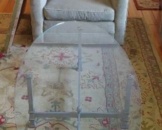 Green velour armchair, glass coffee table, 9 x 12 rug