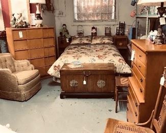 Heywood Wakefield Queen bedroom set (5 drawer chest, Triple dresser, Headboard box springs and mattress). Wonderful Lane Cedar Chest , Cane Chairs