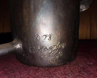 ORIGINAL CARL WAGNER ARTIST SIGNED BRASS ELK MUG WITH WOODEN HANDLE & COA