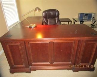 Beautiful Cherry Raised Panel Desk - L-Shape & other office furnishings.  See thru Computer glass desk, Radio's, Electronics, File Cabinet...