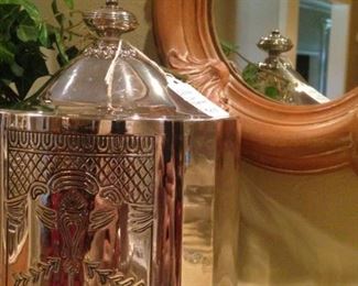 One of two matching silver plate lidded boxes