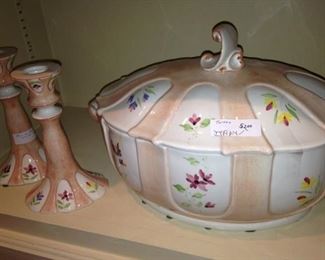 Hand-painted lidded bowl and matching candle holders from Italy
