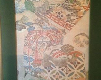 One of two framed silk panels