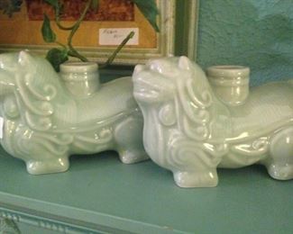 Porcelain foo dog candle holders