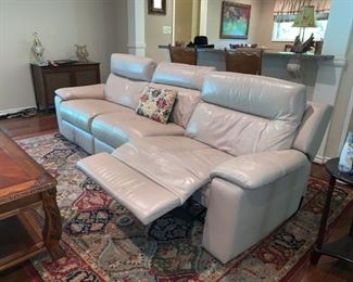 Nice Off White Leather Sofa with Two Recliners, Storage in Arms