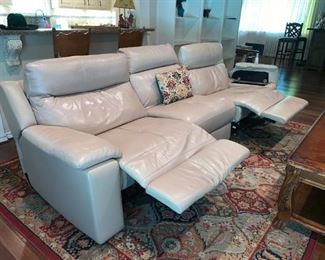 Nice Off White Leather Sofa with Two Recliners, Storage in Arms
