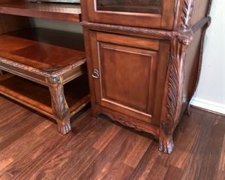 Gorgeous Entertainment Center with Glass Doors, Storage and Matching  Coffee Table. Will Accommodate Huge Flat Screen TV! Note Intricate Carving!