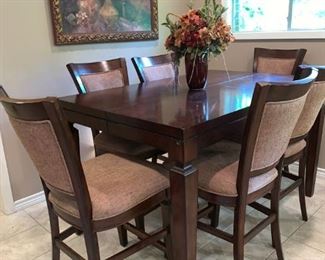 Lovely Pub Height Dining Table with Hidden Leaf, Six Chairs.  40" X 60"