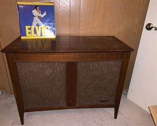 Antique Record Player in Cabinet and LP 33's Albums