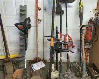 Array of Weedeaters, Weed Whackers, Ax, Edgers, Floor Jacks and More