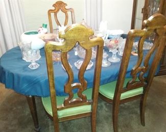 Drexel China Cabinet, Server, and Dining Table with 8 high back chairs (4 open wood backs, 4 green tufted back chairs)