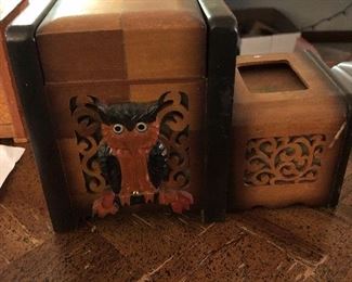Wooden musical cigarette box - hand carved - cigarettes rise and fall at different intervals as music plays
Side box is for matches