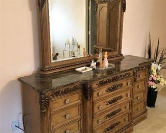 STUNNING MARBLE TOP DRESSER WITH MIRROR.  COMPLETE BEDROOM SET AVAILABLE.