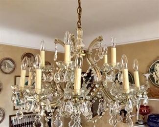 Gorgeous, large statement dining room Italian crystal chandelier.  5 arms, 15 lights.   Measures approx 24" high (excluding chain) x 28" diameter.