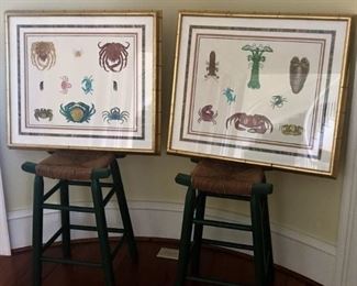 Registered Chelsea House handpainted crustaceans on silk from 1700s prints, framed.  #'s 5709A and 5709B