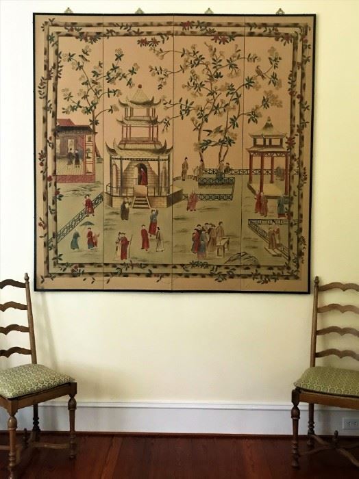 Large. painted panel, Chinese village mural.  Two of 6 ladderback, rush seat chairs w/cushions. 