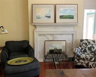 Two upholstered arm chairs, one w/ottoman, Three signed, numbered prints by British artist Barbara Newcombe, Hand painted tray, Fireplace decor, Floor lamp