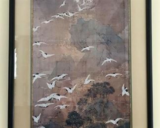 One of two Asian crane paintings