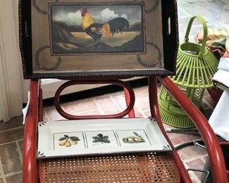 Painted red bentwood rocker, Hand painted wooden tray, Williams Sonoma fruit tray