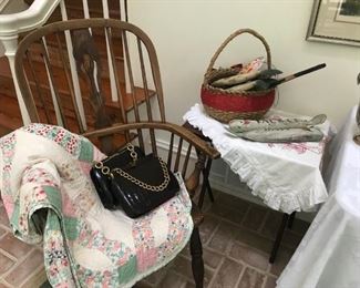 Antique Windsor chair, vintage quilt, vintage purses, fish signs, baskets, more