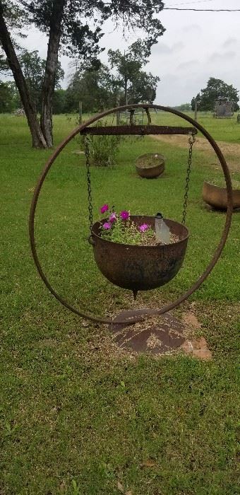 Cast iron planters or kettles with rack and bracket