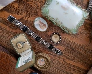 Sterling silver Ring, Sterling and Onyx Bracelet, Pearl Circle with Hand Painted Picture. Hand painted European picture....and more