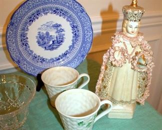 Belleek, blue transferware plate, vintage Infant of Prague figurine