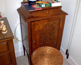 Antique music cabinet, wicker stool
