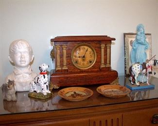 Antique mantle clock, figurines