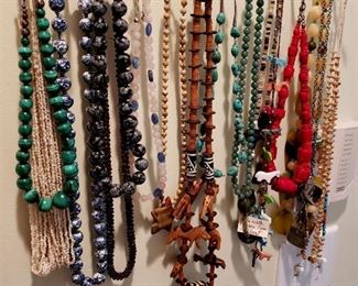 Beaded necklaces including malachite, coral, jade, and more!