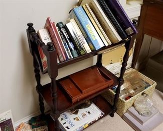 Small bookshelf, books, sewing items