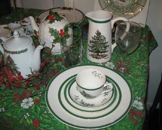 Spode Christmas tree dishes, service for 8, includes tumblers & wine glasses