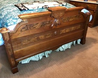 19th Century Victorian Eastlake carved walnut and burl wood full size bed 83” Long 71” wide backboard highly 88”
