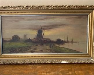 Antique Windmill Original Painting	26x14in