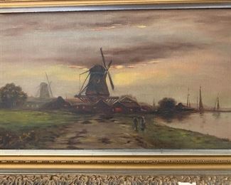 Antique Windmill Original Painting	26x14in