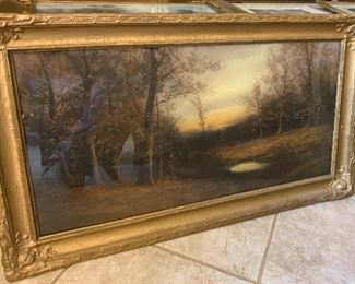Antique Pastel Landscape Painting Snowy River Signed	24x13in	