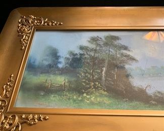 Antique Pastel Landscape Painting Boats on River Signed	31x17in	