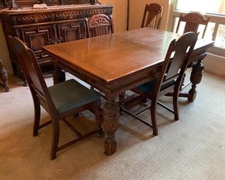 Antique Carved Oak French Dining table w/6 Chairs	31x40x64in (extends 112in) HxWxD