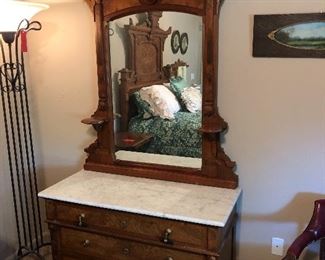 Antique Victorian Eastlake Marble Top Dresser walnut and burl wood 44 1/2” wide 20” deep 88” tall